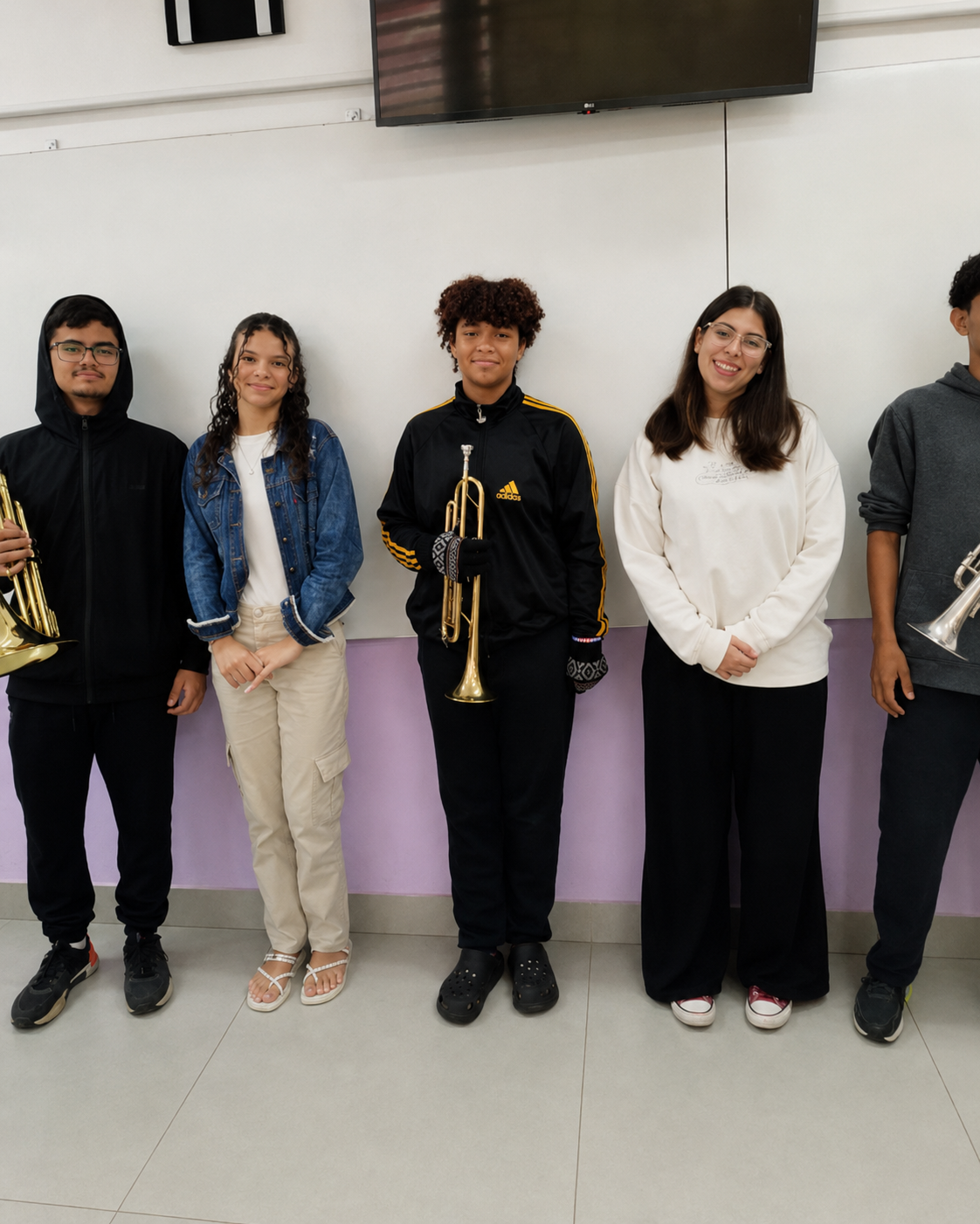 Jovens com instrumentos musicais em ambiente escolar.